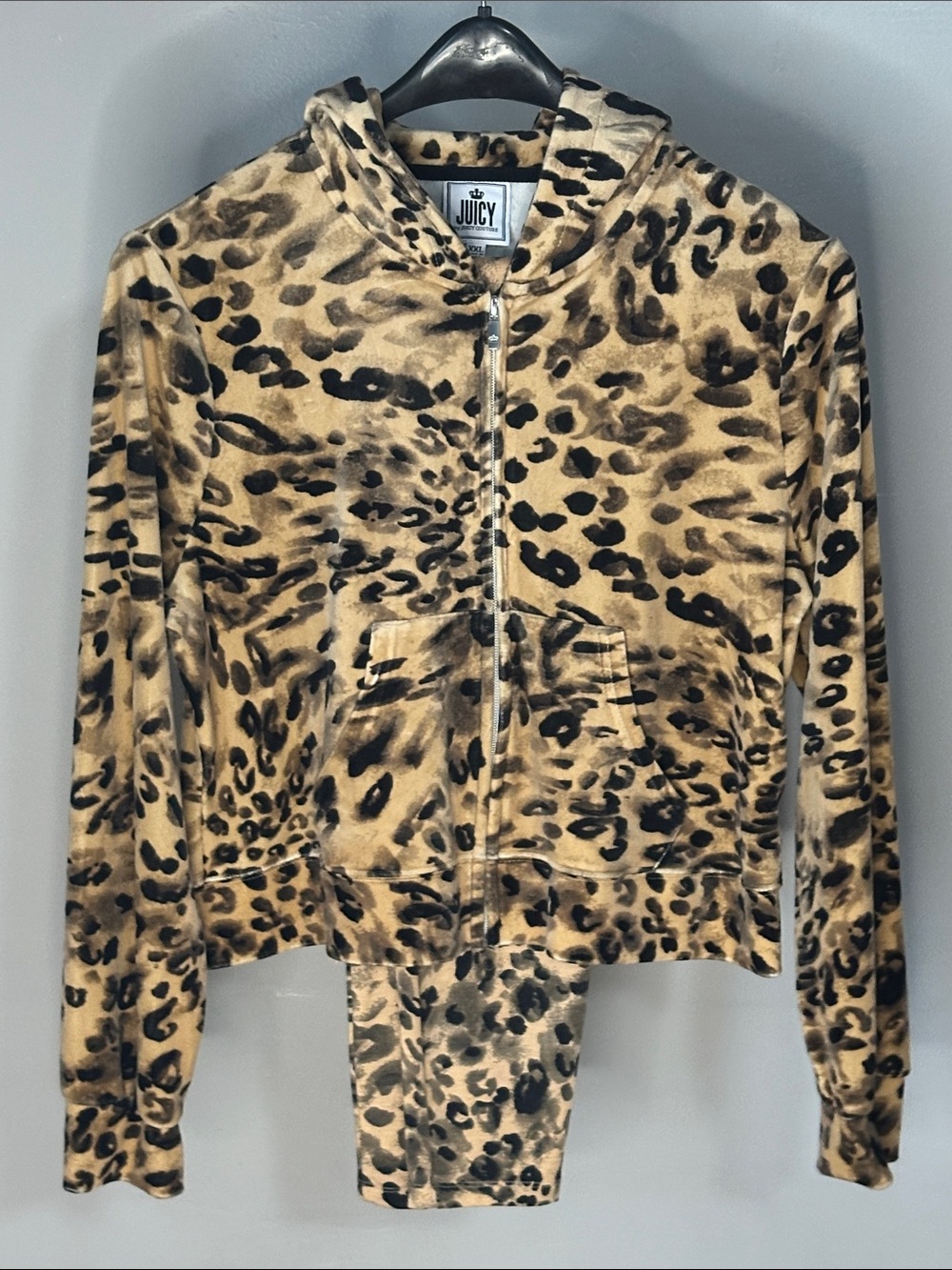 Juicy Couture Leopard Print Teddy Zip Hoodie XXL and Leggings XL - Tan & Black